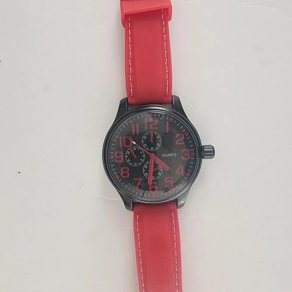 Accutime Mens Watch Black Dial Black Case Red Silicone Strap Quartz K4017